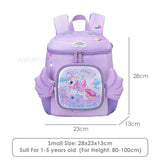 Purple children's backpack with cartoon design and measurements