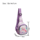 Purple sling bag with unicorn design and measurements 
