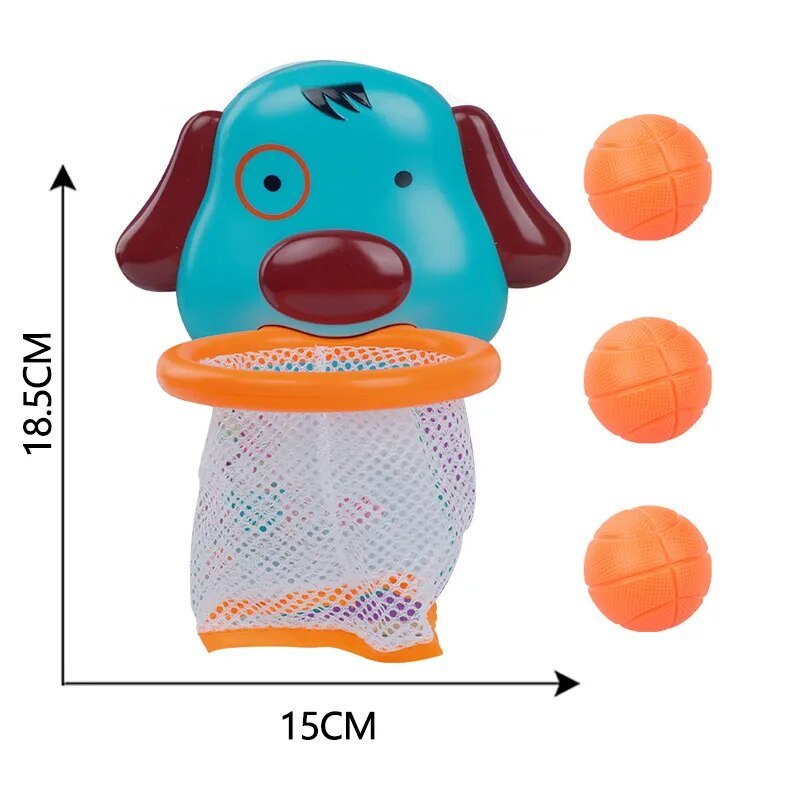 Toy basketball hoop shaped like a dog with three orange balls.