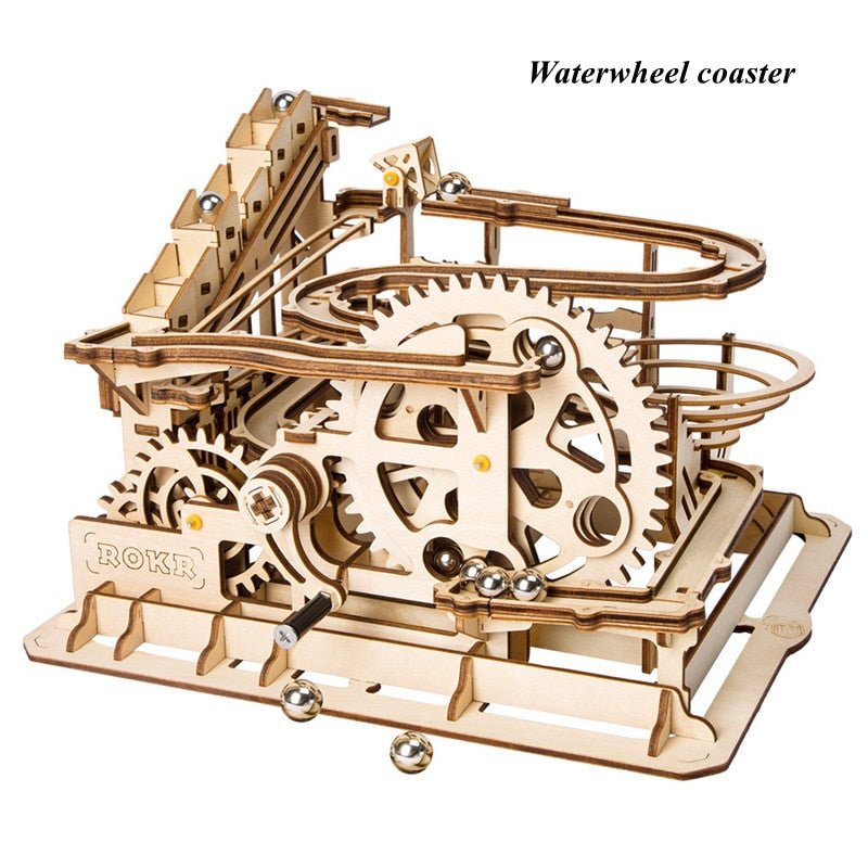 Wooden mechanical model of a waterwheel coaster with 'ROKR' branding