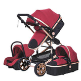 Red and black baby stroller with canopy