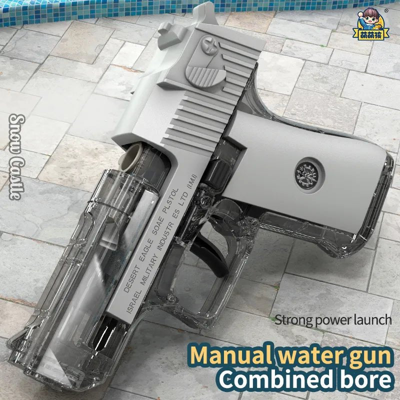 Manual water gun with a clear and black design.