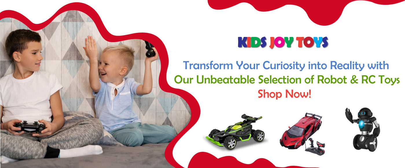 Two children playing with toy cars, promotional banner for Kids Joy Toys with robot and RC toys.