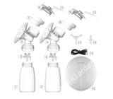 Diagram of a breast pump assembly with labeled parts on a white background.