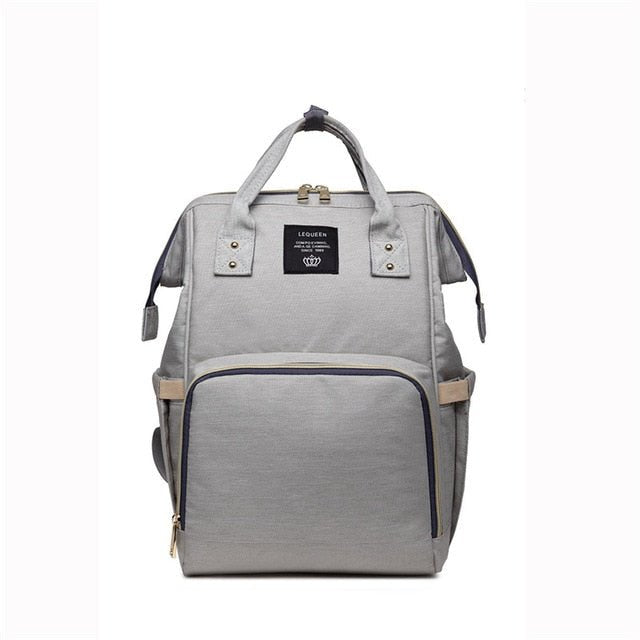 Gray backpack with a visible brand label