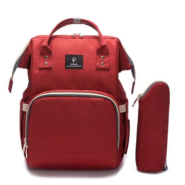 Red backpack with a smaller pouch 