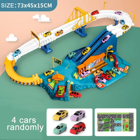 Toy race track set with cars and accessories.