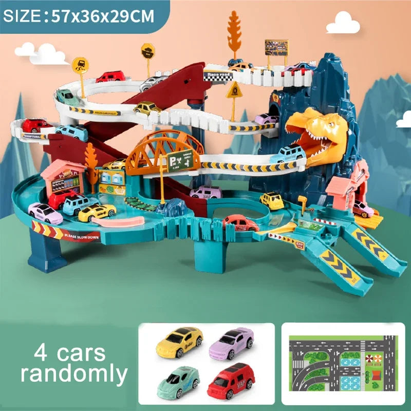 Toy race track set with dinosaur design and included cars.