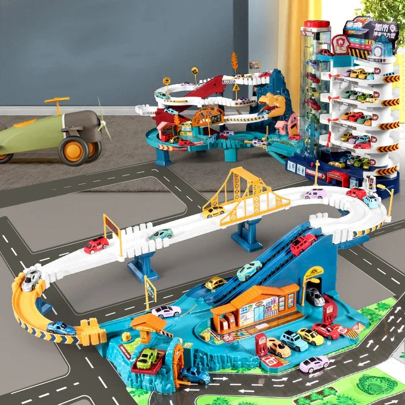 Toy car track set with multiple tracks, cars, and a garage on a road layout.