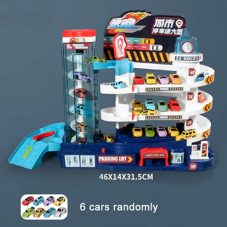 Toy parking garage set with multiple levels and toy cars.
