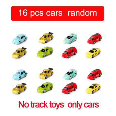 16 miniature toy cars in various colors.