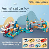 Animal rail car toy set with dinosaur and lion design, including track and cars