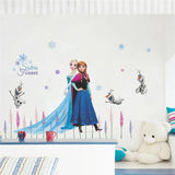 Children's room with Disney Frozen wall decals and characters on a white wall.