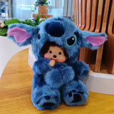 Blue plush toy with a small doll inside on a wooden table