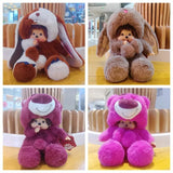 Collage of two plush toys, one brown and one pink, sitting on a table.