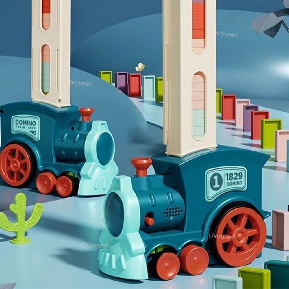 Toy train set with colorful blocks and dominoes