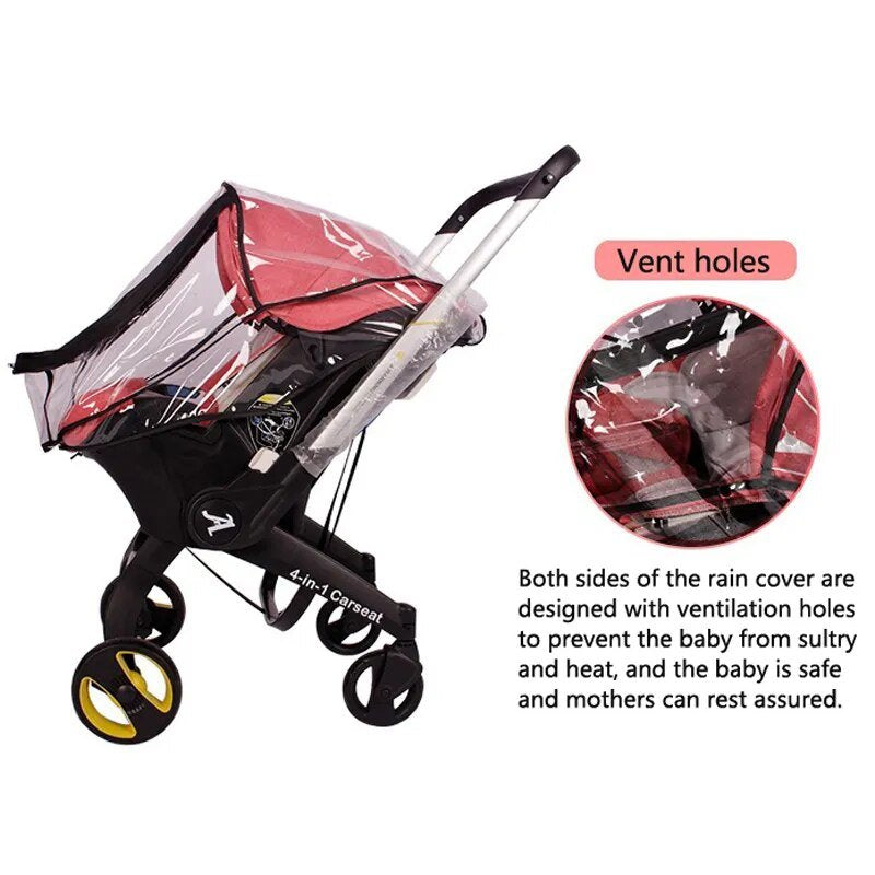 Baby stroller with transparent rain cover and vent holes, showing a close-up of the rain cover.