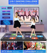Two people dancing on a dance mat with a screen displaying music and dance modes.