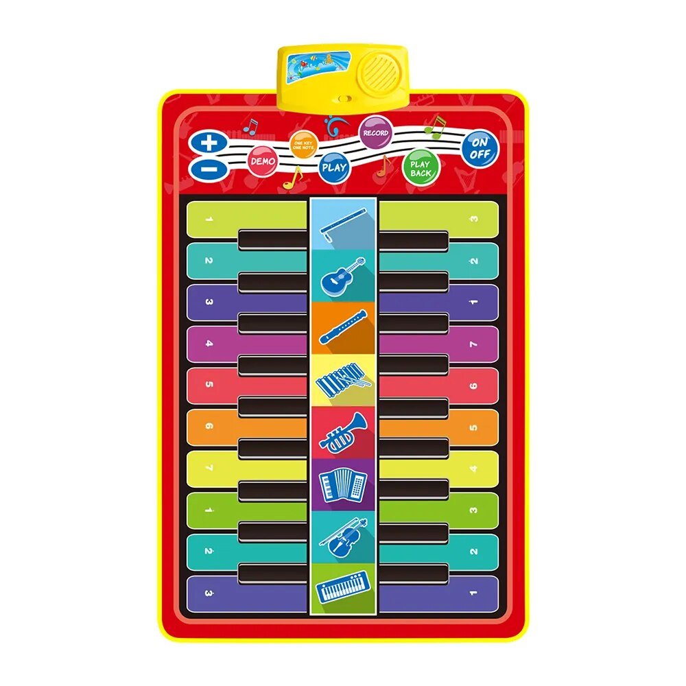 Colorful toy piano mat with keyboard keys and musical icon buttons