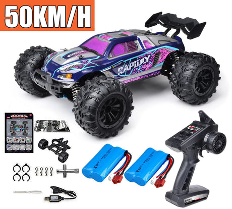 Remote control monster truck with accessories.