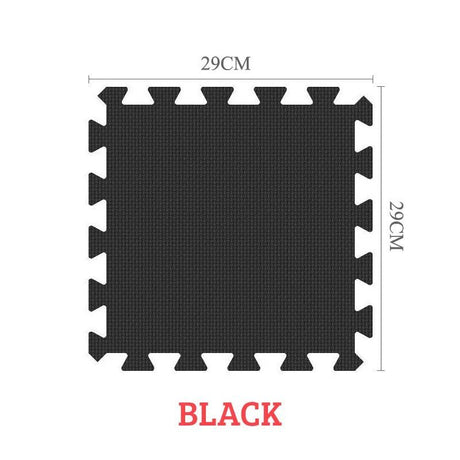 Black foam puzzle mat with dimensions on a white background