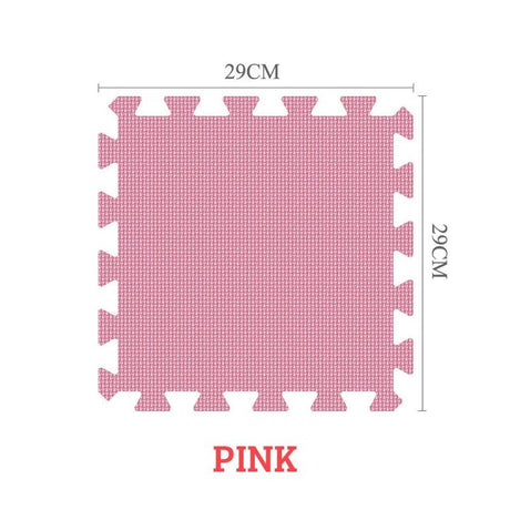 Pink interlocking foam mat with dimensions on a white background