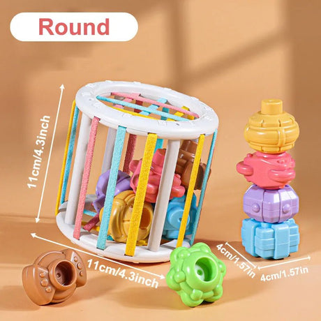 Colorful baby toys, including a round activity center.