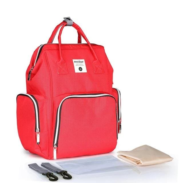 Red backpack with accessories 