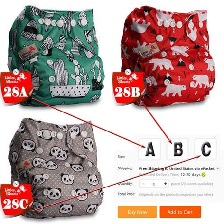 Three patterned cloth diapers with size labels and purchasing options