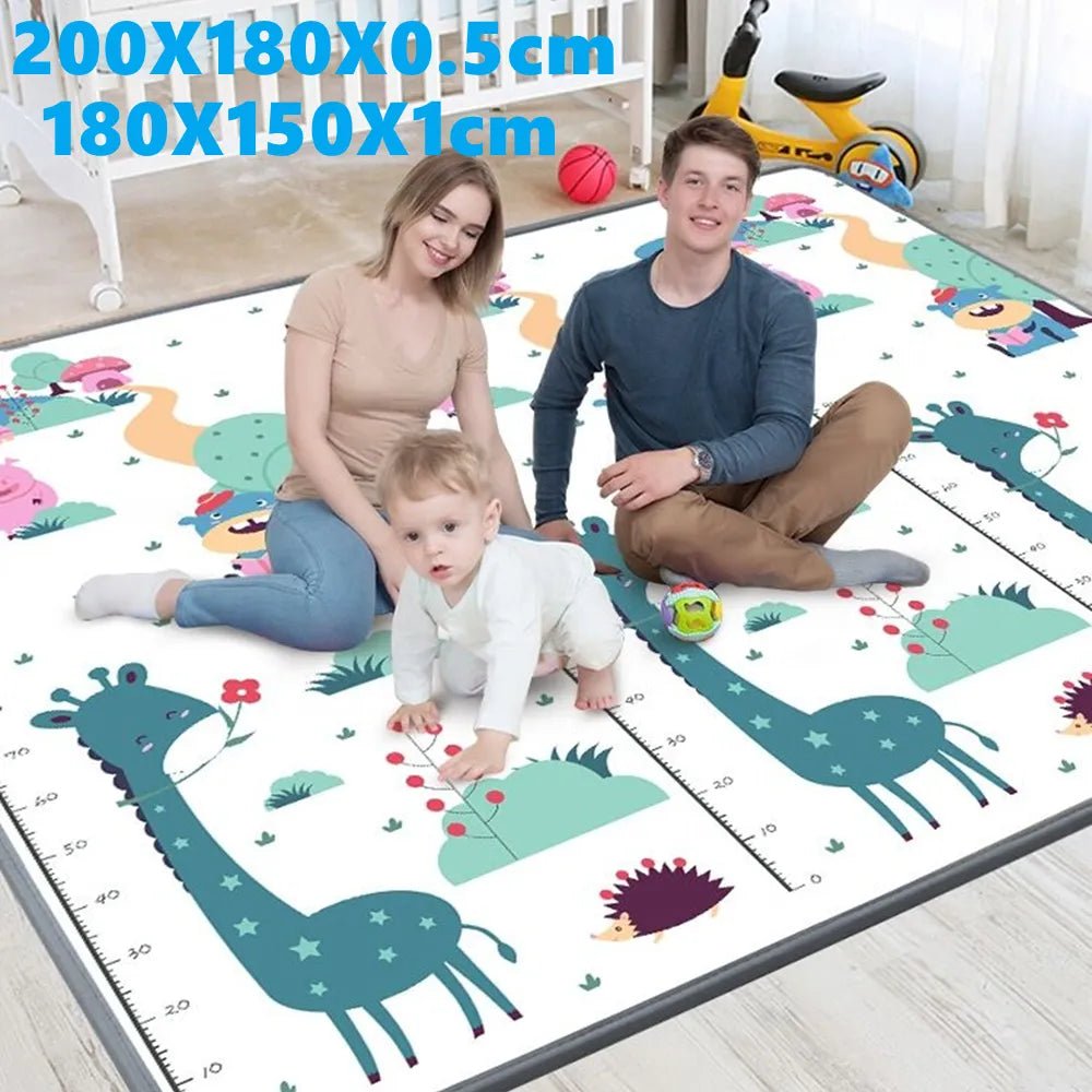Family playing on a large children's play mat with animal designs in a room.