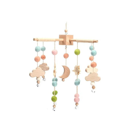 Wooden baby mobile with colorful beads and shapes.