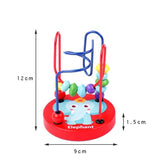 Colorful elephant toy with bead maze and measurements.
