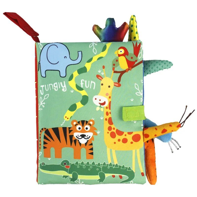 Children's soft book with jungle-themed illustrations and toys on a white background