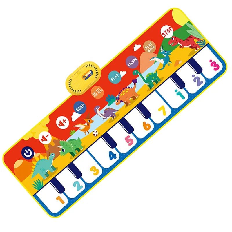 Colorful toy piano with dinosaur illustrations.