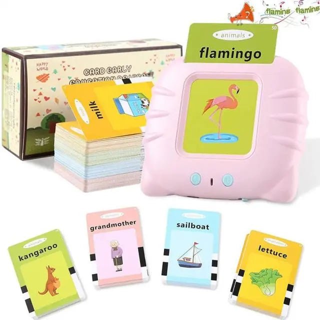 Educational card set with a pink pillow and cards featuring animals and objects.