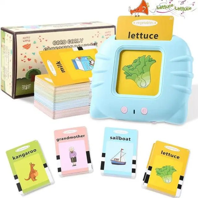 Educational card set with colorful cards and a toy resembling a robot face.