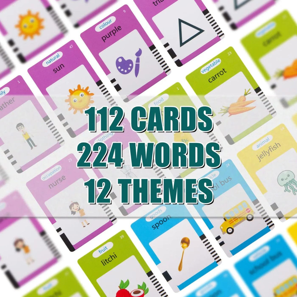 Educational flashcards with various images and text on a colorful background
