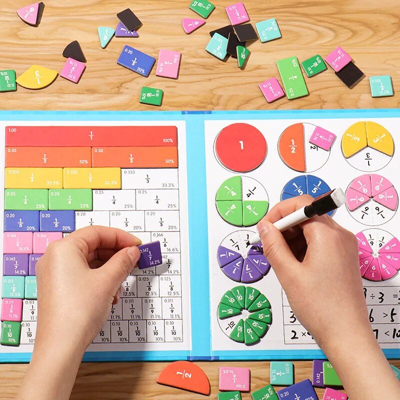 Educational math game with colorful fraction pieces and a worksheet on a wooden table.