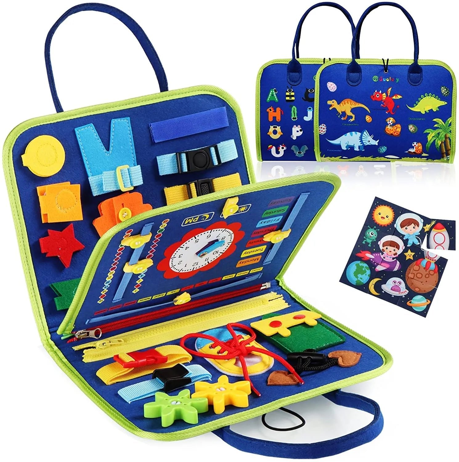 Educational toy with various interactive elements and a carrying case.