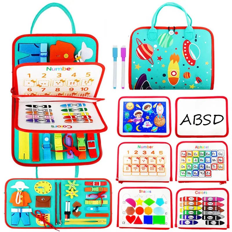 Educational toy set with colorful compartments and learning materials on a white background