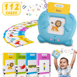 Educational toy with cards and a child using it on a white background