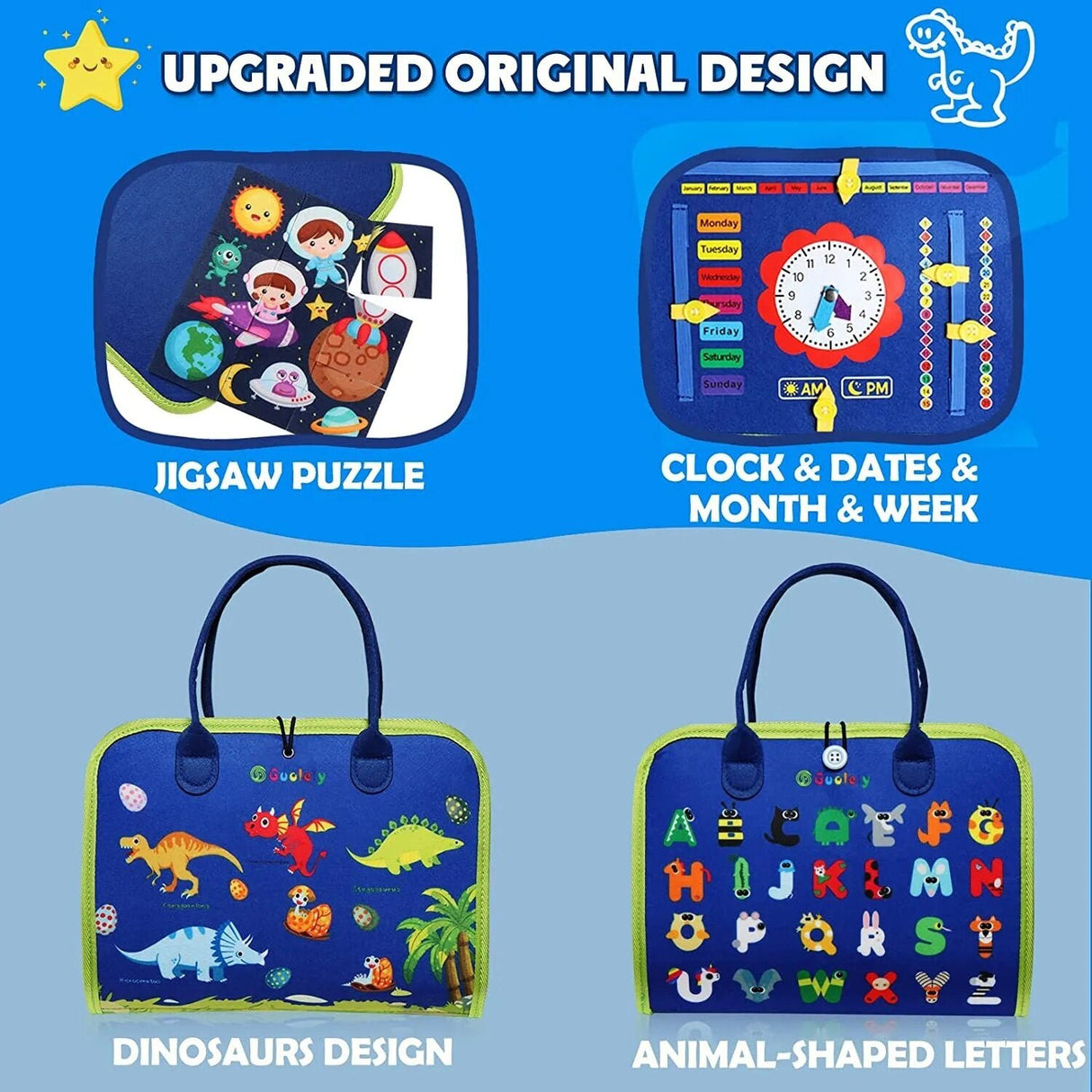 Educational toys with jigsaw puzzle, clock & dates, dinosaurs design, and animal-shaped letters on a blue background.