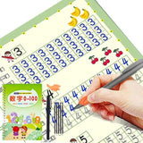 Educational book with numbers and fruits, hand holding a pen, and a book titled '0-100' on a white background.
