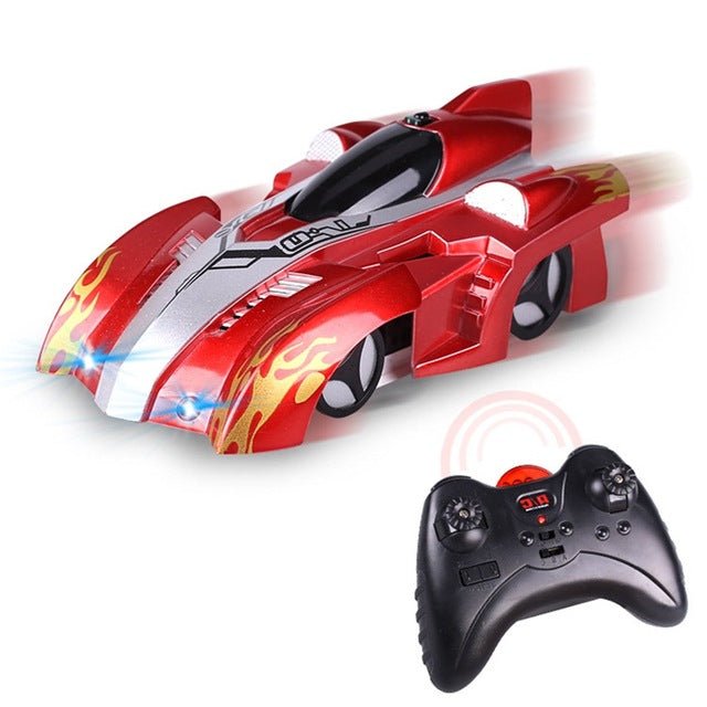 Red toy car with flame design and remote control.