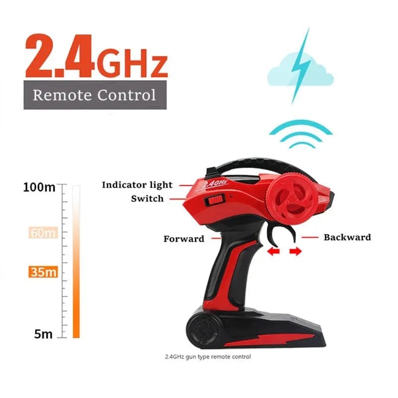 Red and black remote control device with labeled parts 