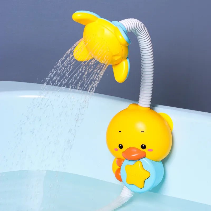 Yellow duck-shaped shower head with water flowing over a bathtub.