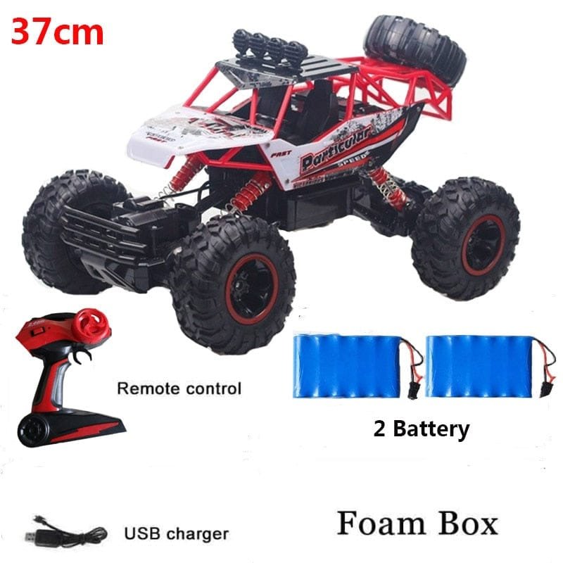 Toy truck with remote control, batteries, and USB charger