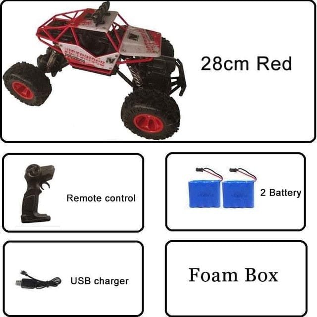 Toy truck with remote control, batteries, and USB charger.