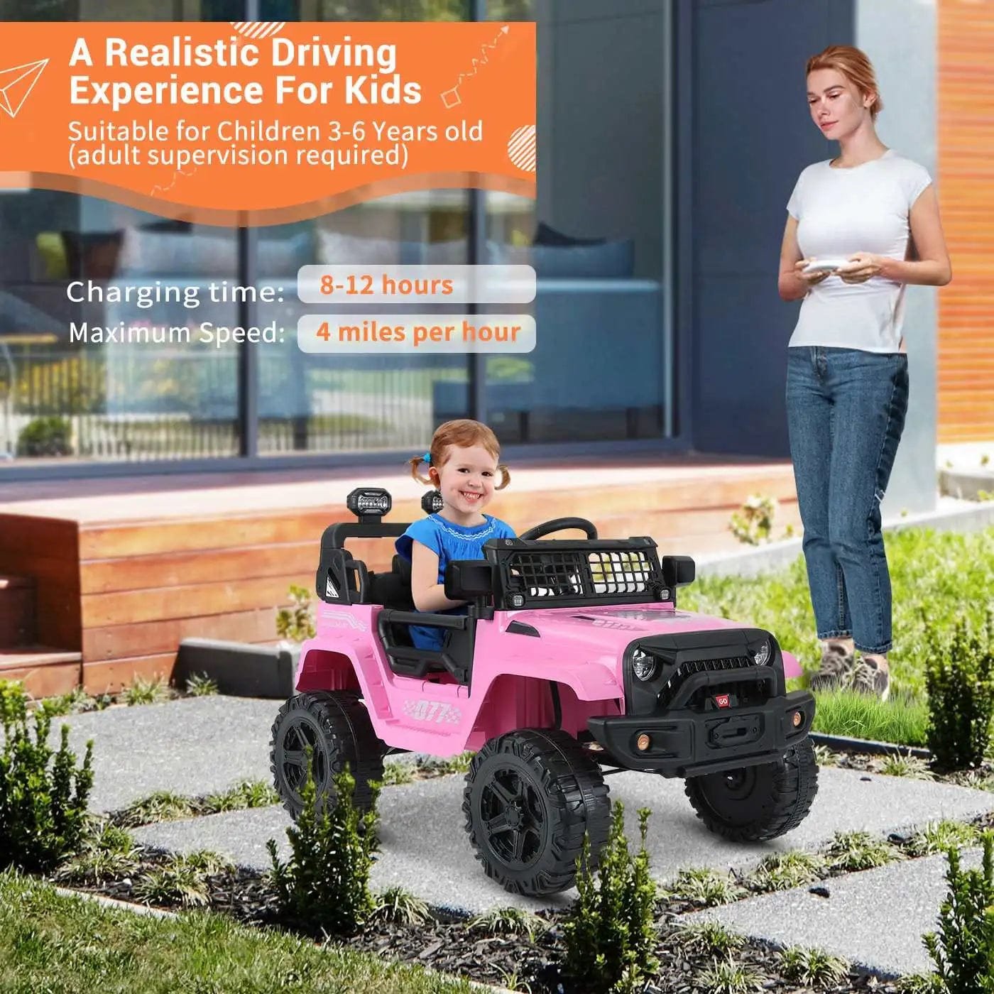 Pink toy car with child and adult outside, charging time and speed information displayed.