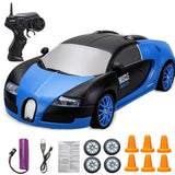 Blue and black toy car with remote control, batteries, and cones